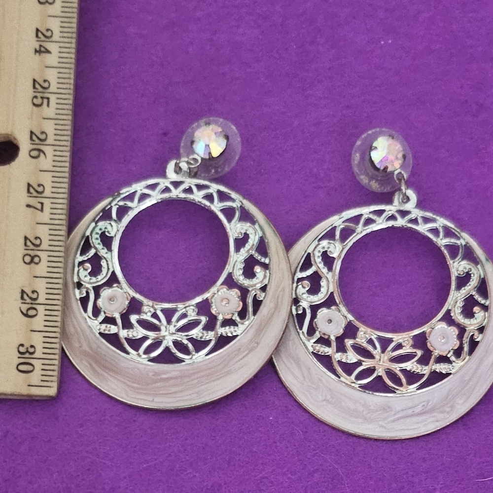 Vintage Silver Tone And Enamel Filigree Hoop Earrings Vintage
